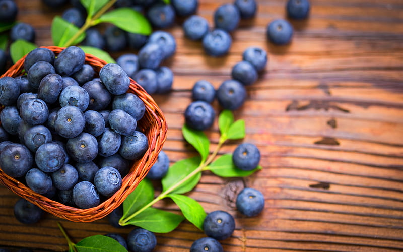 blueberries, close-up, fresh fruits, berries, basket of berries, fruits, HD wallpaper