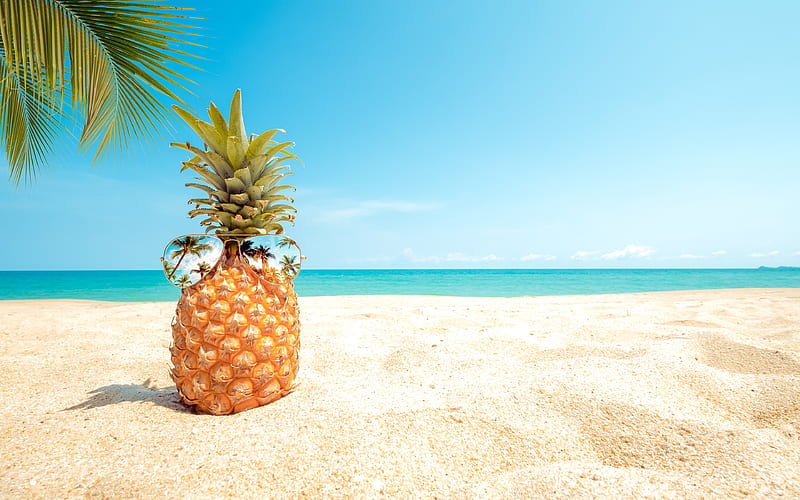 pineapple on the beach, summer travel, pineapple with sunglasses, seascape, summer, tropical islands, summer travel concepts, HD wallpaper