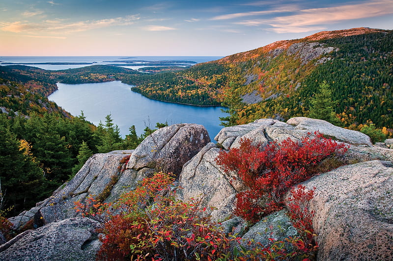 Jordan Pond, Maine, Acadia National Park, hills, rocks, autumn, clouds, sky, HD wallpaper