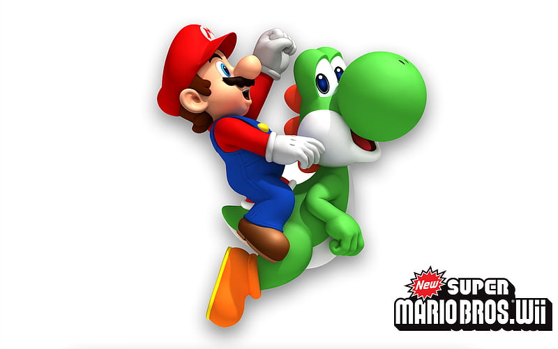 Mario and Yoshi, red cap, mario, mario bros wii, yoshi, HD wallpaper