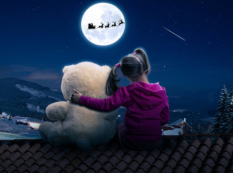 Waiting For Santa, roof, christmas, homes, adorable, sky, sled, clouds, santa claus, winter, sweet, moon, girl, child, reindeers, teddy bear, HD wallpaper