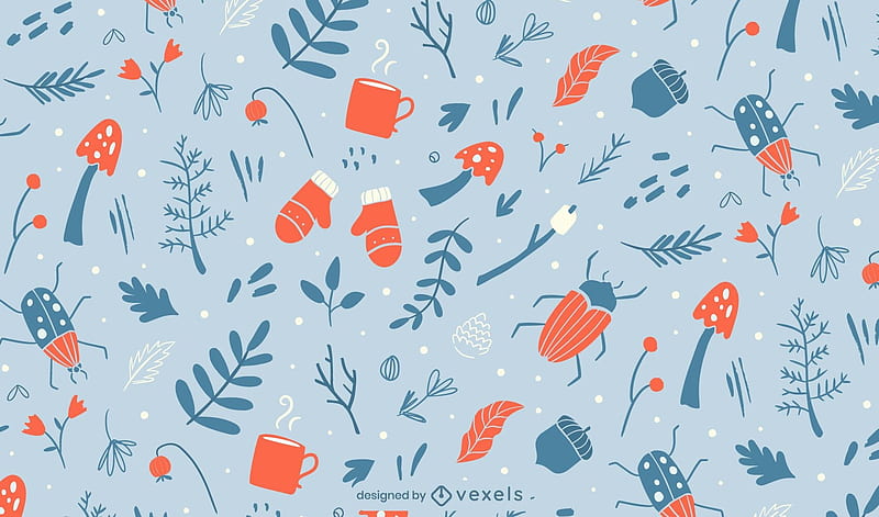 Pattern, autumn, texture, vexels, orange, mushroom, glove, blue, cup, bug, leaf, HD wallpaper