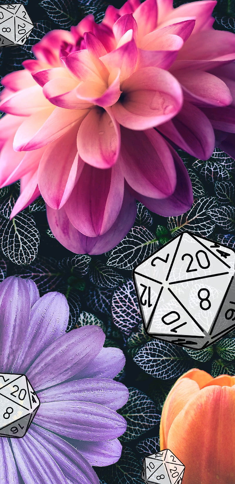 Flowers and Dice, d20, dm, dragons, dungeons, flower, nature, rpg, HD phone wallpaper