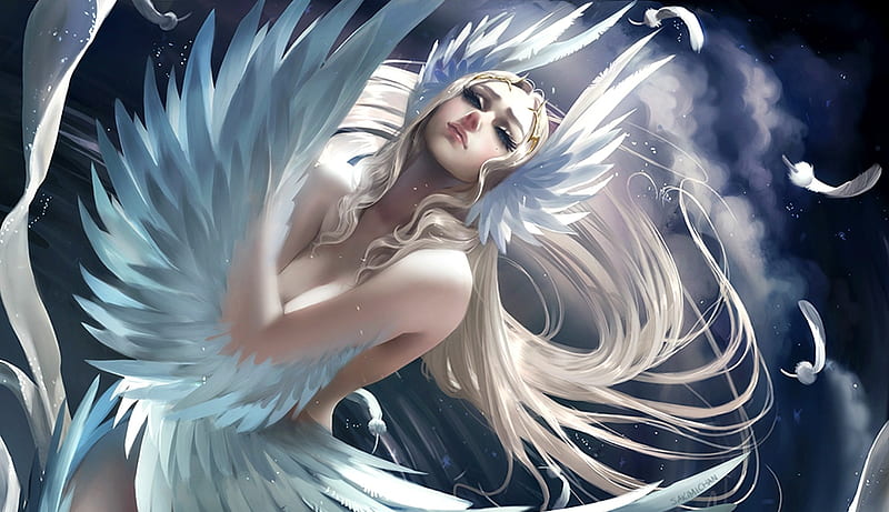 Swan's Sorrow, art, wings, luminos, sakimichan, fantasy, girl, swans sorrow, feather, white, blue, HD wallpaper