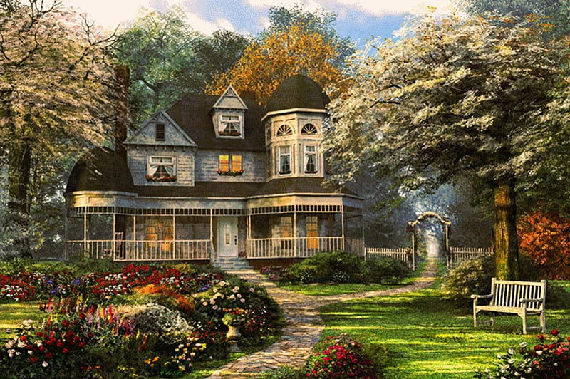 Country Mansion, painting, bench, blossoms, path, park, trees, HD wallpaper