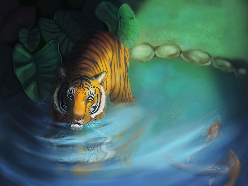 tiger, lake, art, glance, predator, HD wallpaper