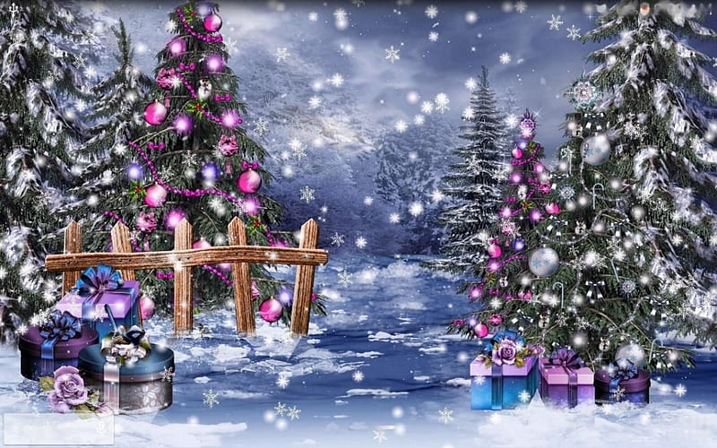 Christmas Trees, bulbs, snow, painting, artwork, firs, gifts, HD wallpaper
