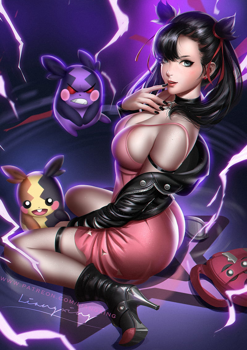 Liang-Xing, drawing, Liang Xing, Pokémon, Marnie (Pokemon), dark hair, dress, pink clothing, blue eyes, high heels, boots, kneeling, purple, angry, finger on lips, bare shoulders, ass, black nails, HD phone wallpaper