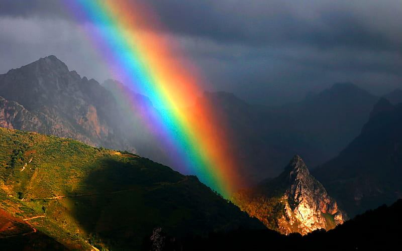 Mountain Rainbow Asturias, Spain F, beautiful, rainbow, Spain, graphy, wide screen, nature, Asturias, scenery, landscape, HD wallpaper