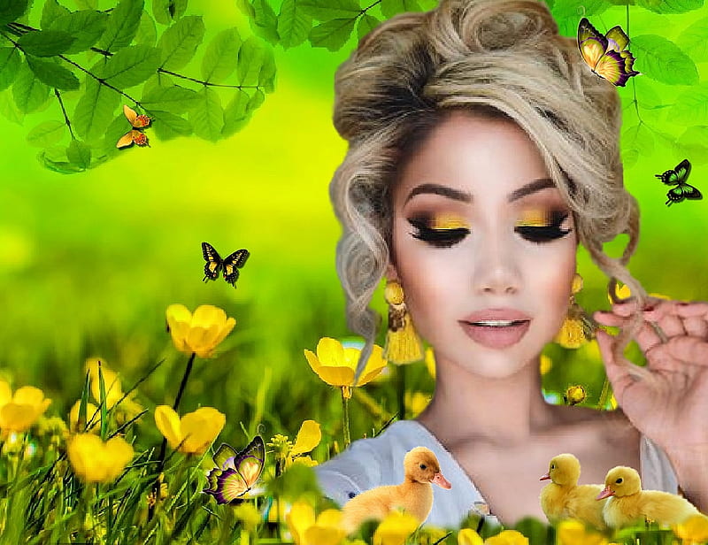 Spring Symphony, female, yellow, bonito, butterflies, spring, woman, symphony, girl, green, bright colors, flowers, ducklings, lady, HD wallpaper