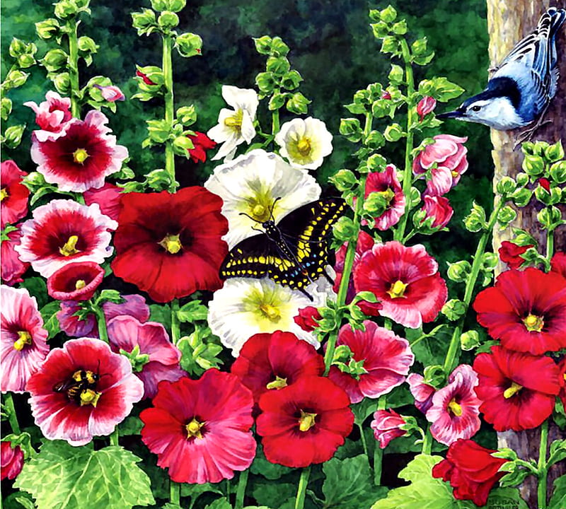 Hollyhock Garden FC, art, romance, bonito, illustration, artwork, floral, hollyhocks, nuthatch, butterfly, love, painting, wide screen, flower, beauty, nature, HD wallpaper