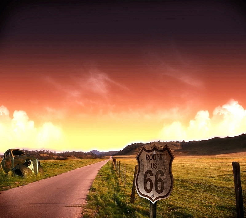 Route 66 at Sunset, car, highway, road, route 66, sign, HD wallpaper