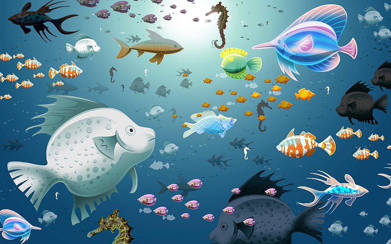 Fish Galore, art, reef, seahorses, fish, HD wallpaper