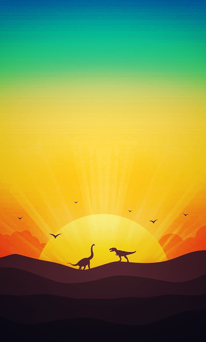 Dino Sunsets, color, colour, dinosaur, morning, mountain, prehistoric, sun, sunrise, sunset, HD phone wallpaper