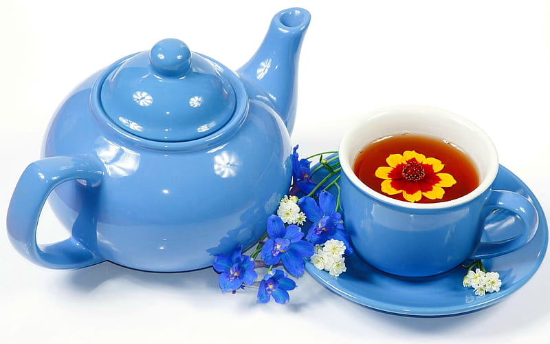 Tea and Flowers, still life, saucer, flowers, cup, pot, tea pot, tea, HD wallpaper