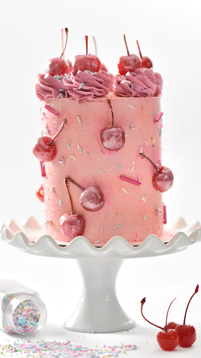 Pink Cake , sprinkle, cherries, sweet, dessert, food, pink cake, HD phone wallpaper