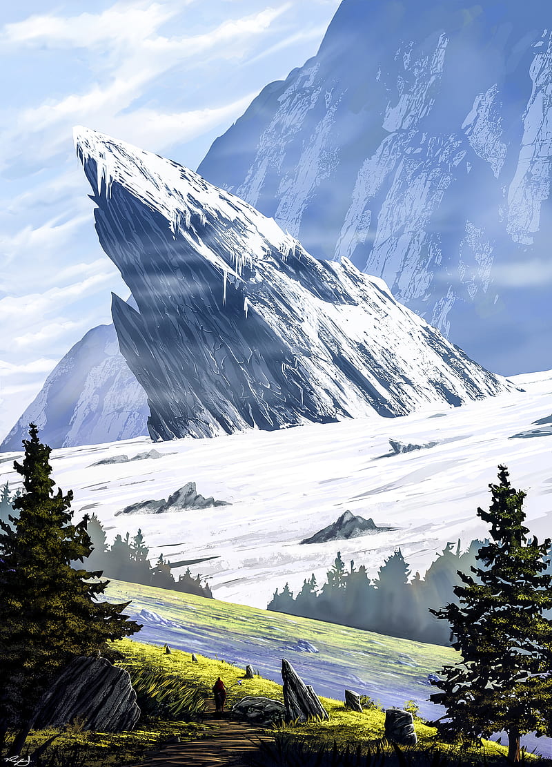 mountains, rocks, snow, landscape, travel, art, HD phone wallpaper