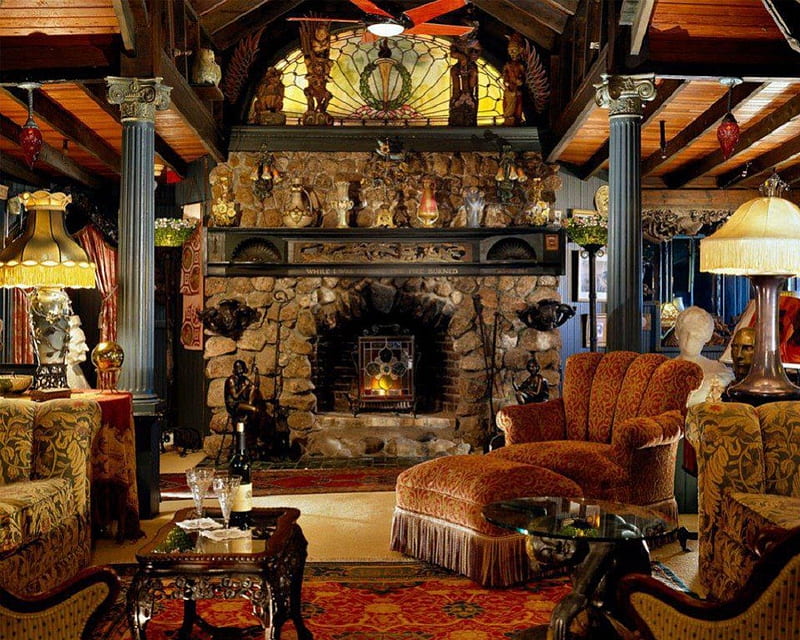 rustical living room, interior, fireplace, architecture, house, HD wallpaper