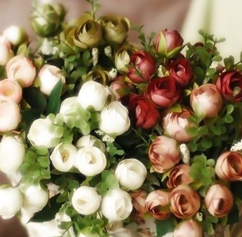 Βeautiful buds, red, orange, colors, buds, green, bouquet, flowers, arrangement, posy, white, HD wallpaper