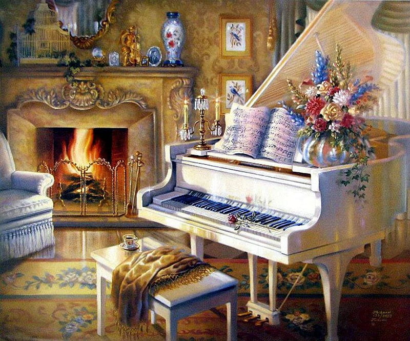 White Piano, fire, music, painting, artwork, chimney, HD wallpaper