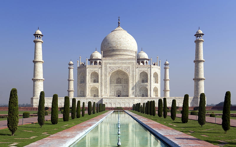 Taj-Mahal, monument, taj mahal, water, green, india, white, agra, HD wallpaper
