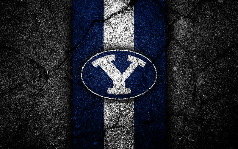 Brigham Young Cougars american football team, NCAA, blue white stone, USA, asphalt texture, american football, Brigham Young Cougars logo, HD wallpaper