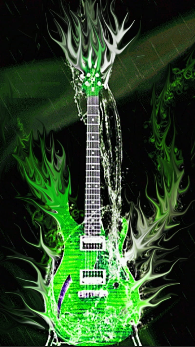 Pulling Strings, bass, electric, flames, green, guitar, metal, music, neon, rock, splash, HD phone wallpaper