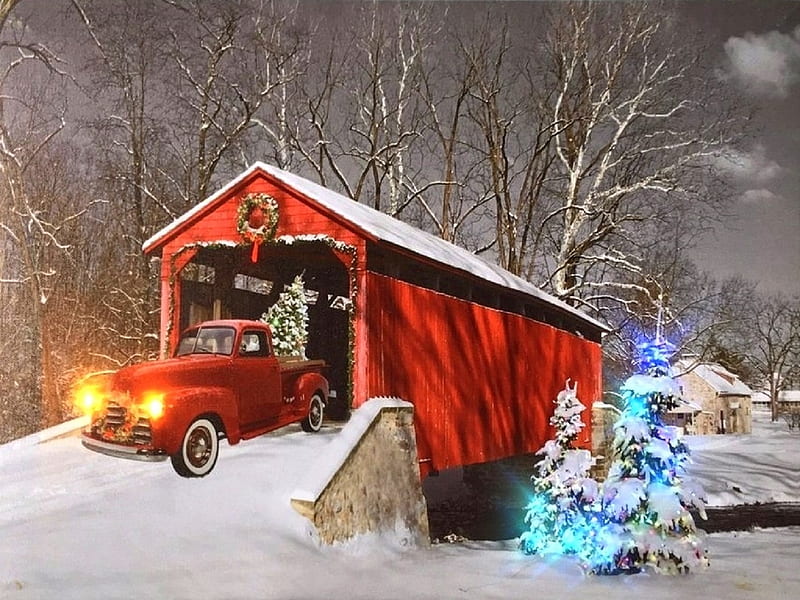 Red Truck of Christmas, Christmas, draw and paint, christmas tree, holidays, bridges, love four seasons, attractions in dreams, xmas and new year, winter, paintings, snow, winter holidays, vintage car, red truck, HD wallpaper