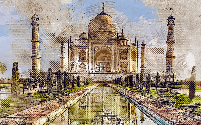 Taj Mahal, Agra, Uttar Pradesh, India, grunge art, creative art, painted Taj Mahal, drawing, Taj Mahal grunge, digital art, HD wallpaper