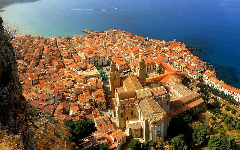 Cefalu, sea, summer, panorama, Sicily, Italy, HD wallpaper
