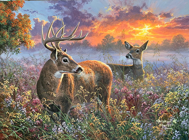 Wild Enchantment, painting, sunset, trees, clouds, sky, deer, meadow, artwork, HD wallpaper