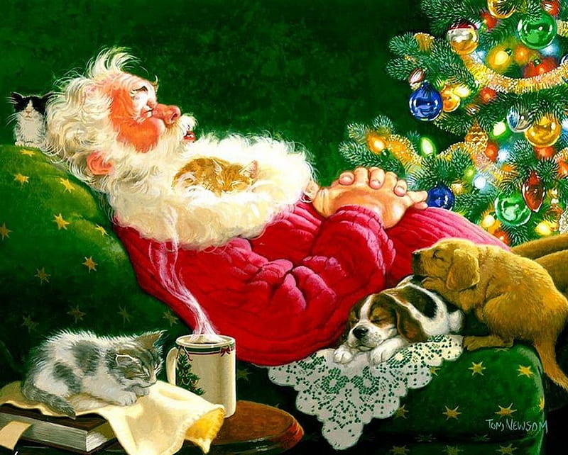 By Ruth Sanderson, santa, christmas, holiday, ruth sanderson, cat, HD wallpaper