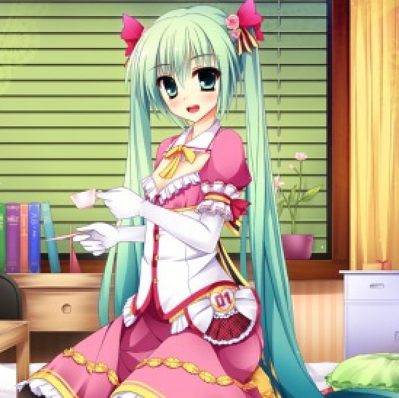Cup of Tea, pretty, dress, house, hatsune miku, home, book, adorable, tea, sweet, nice, twin tail, anime, anime girl, ute, vocaloids, long hair, vocaloid, female, lovely, twintail, green eys, miku, smile, twintails, smiling, twin tails, cute, hatsune, kawaii, girl, miku hatsune, green hair, HD wallpaper