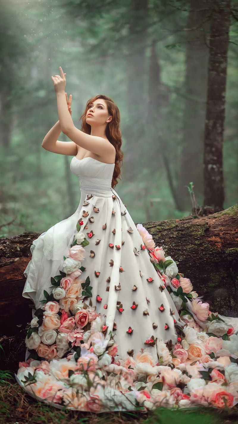 In the forest, bride, beautiful, wedding dress, red hair, beauty