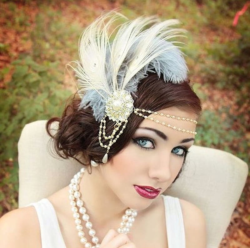 Feathers Gatsby Influence, lovely, women are special, lips nails eyes hair art, Gatsby, modern, flapper, green, ladies wear feathers, Gatsby influence, white, female trendsetters, blue, feathers, pretty, red, orange, trendy n color hair, black, HD wallpaper