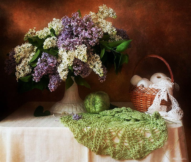 Lilacs, bouquet, utensils, blossoms, vase, spring, HD wallpaper