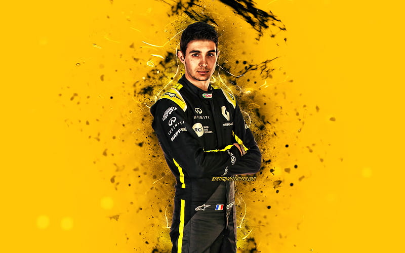 Esteban Ocon, 2020 Renault DP World F1 Team, french racing drivers, Formula 1, yellow neon lights, F1 2020, Renault F1 Team, HD wallpaper