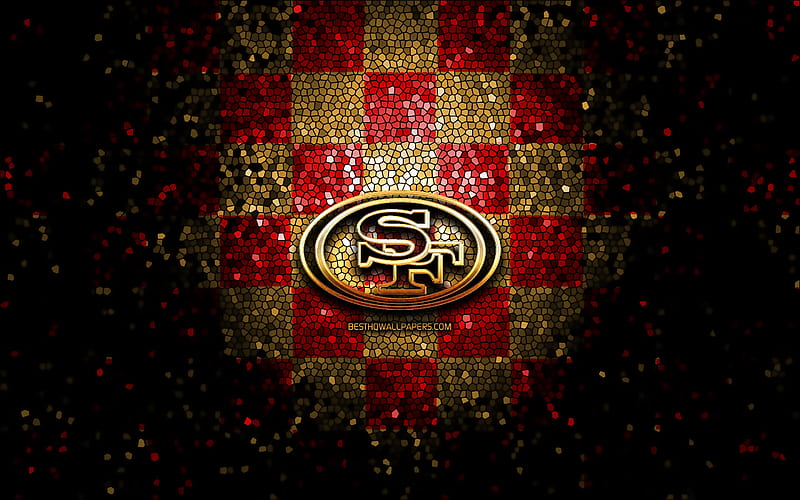 San Francisco 49ers, glitter logo, NFL, red yellow checkered background, USA, american football team, San Francisco 49ers logo, mosaic art, american football, America, HD wallpaper