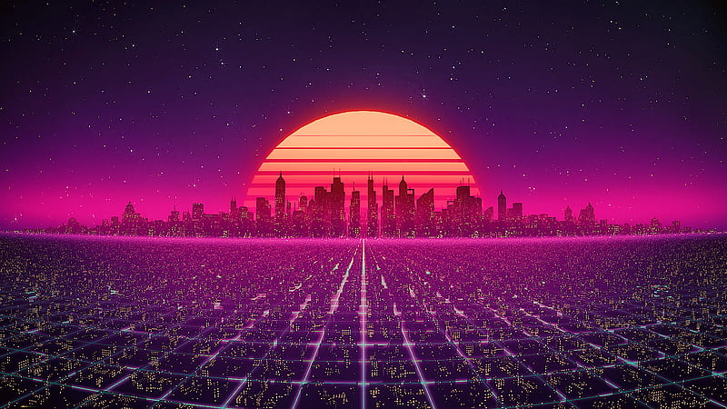 Landscape View Of City Buildings In Dark Purple Starry Sky Background Synthwave, HD wallpaper