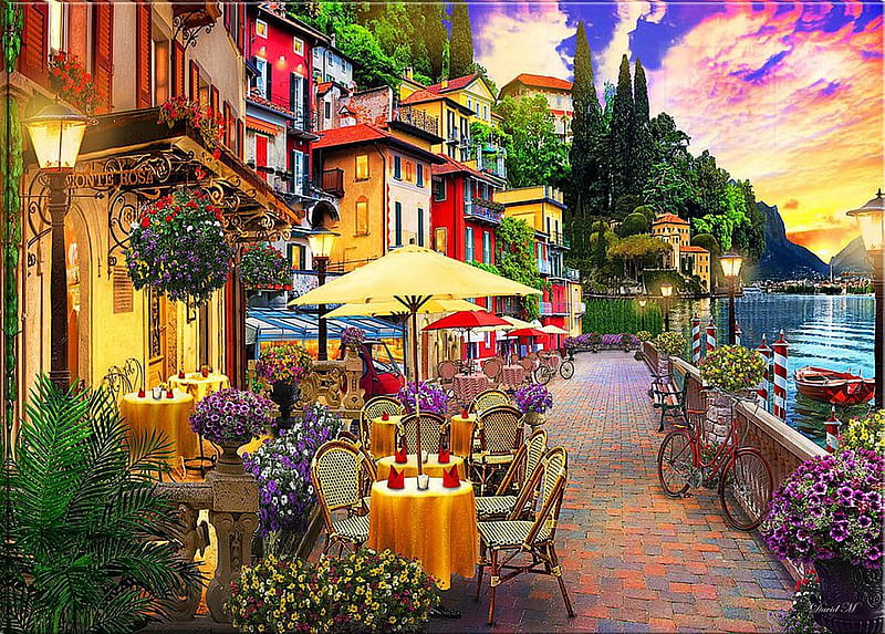 Lake Como, restaurant, promenade, houses, chairs, artwork, coast, sea, tables, flowers, painting, HD wallpaper