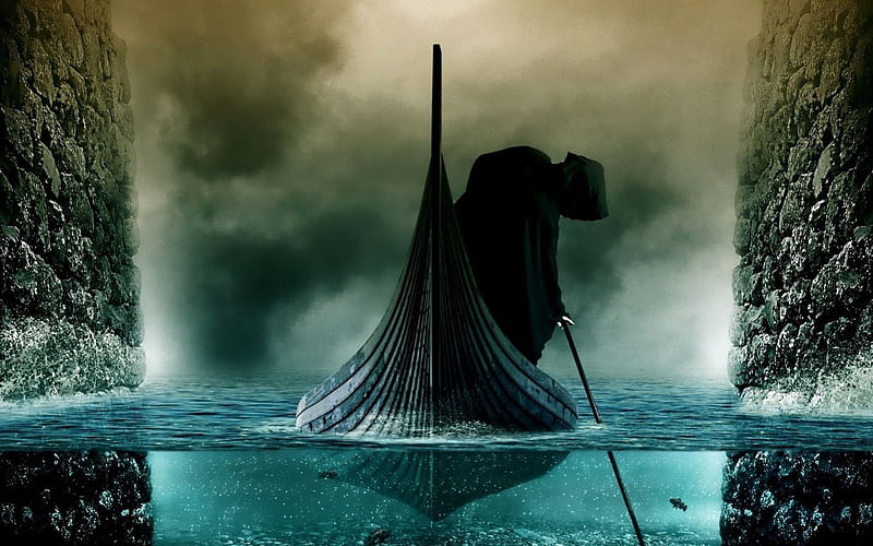 charon the boatman, oar, water, boat, cliffs, fish, man, fog, HD wallpaper