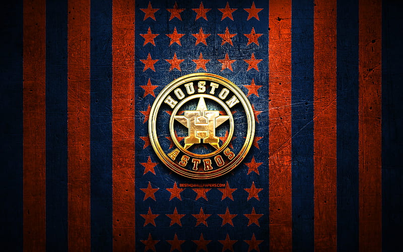 Houston Astros flag, MLB, orange blue metal background, american baseball  team, HD wallpaper