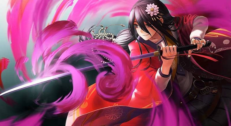 Juzumaru Ren, red, yue, manga, girl, anime, shinken, pink, sword, HD wallpaper
