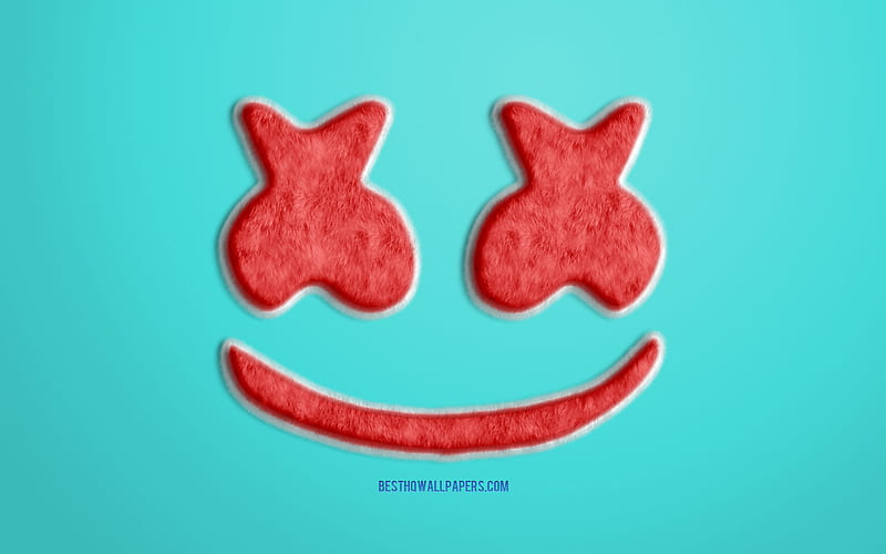 Red Marshmello Fur Logo, turquoise background, Marshmello 3D logo, creative fur art, Marshmello emblem, American DJ, Marshmello, HD wallpaper