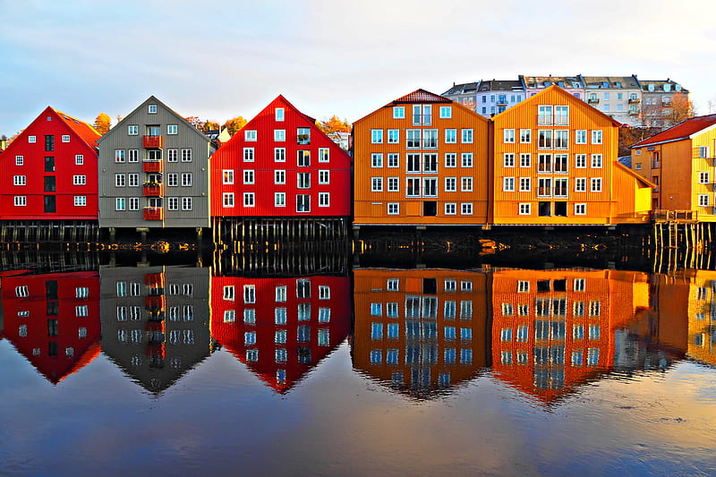 houses, facade, water, reflection, architecture, candinavia, scandinavia, HD wallpaper