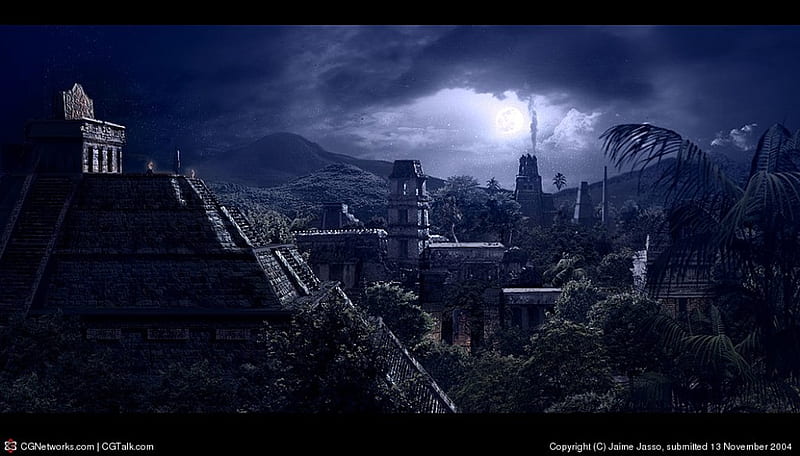 Mayan City, maya, city, moon, night, HD wallpaper