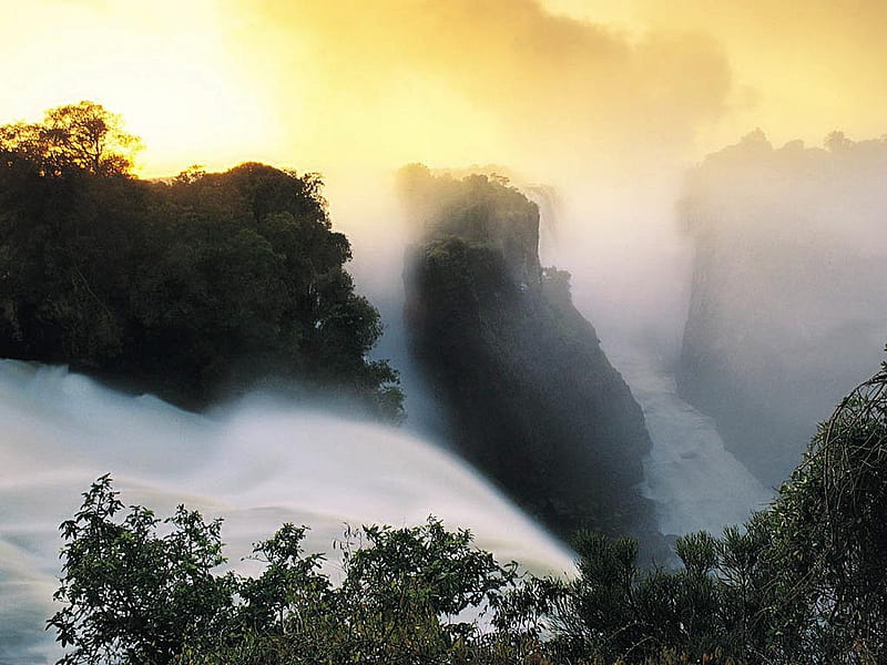 Victoria Falls africa , falls, graph pic, colors, sky, wall, trees, waterfalls, water, colours, nature, vistoria falls, HD wallpaper