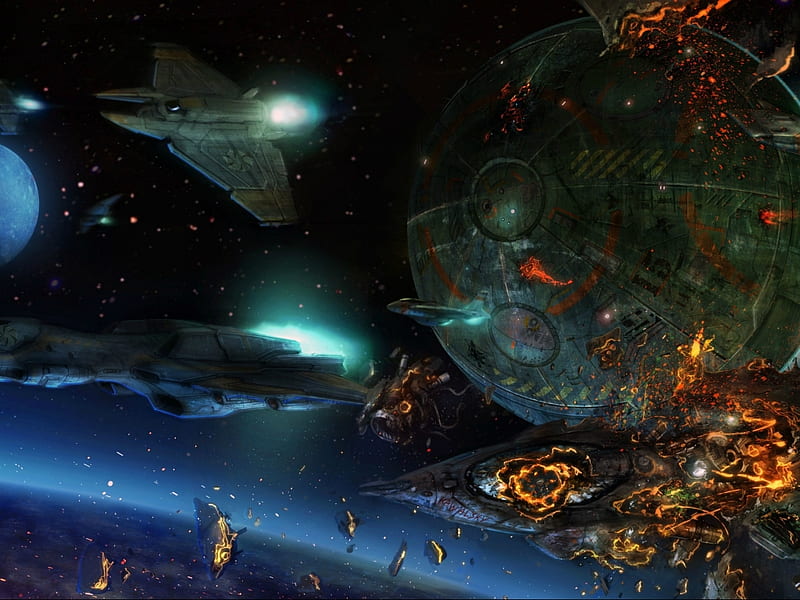space battle, fire, stars, debris, firing, planet, starships, fighters, HD wallpaper