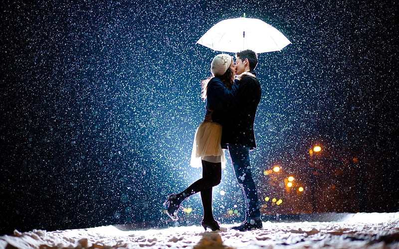 Couple Kiss In Snow, couple, kiss, snow, love, HD wallpaper