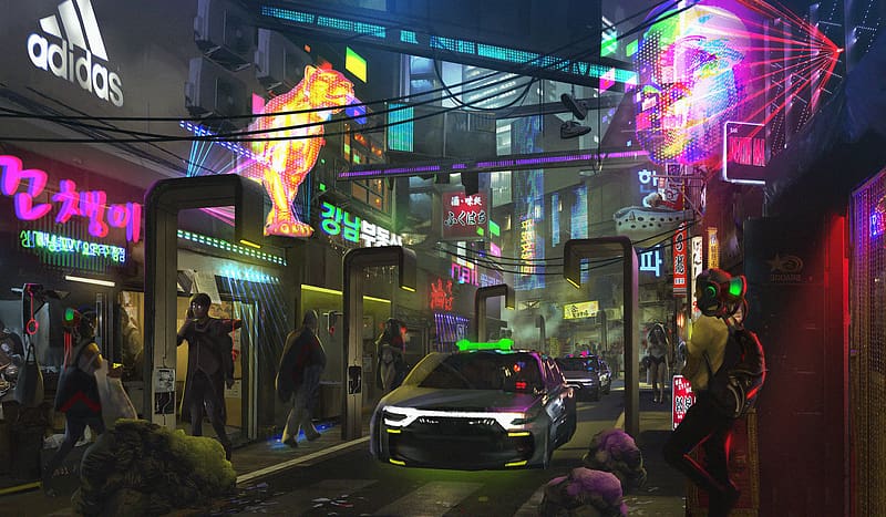 People, City, Car, Cyberpunk, Sci Fi, Street, Seoul, Shop, Korean, Neon Sign, HD wallpaper